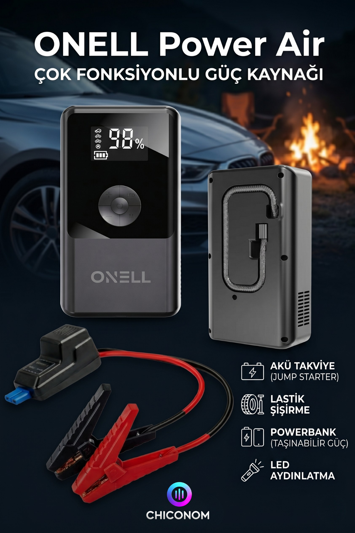 CHICONOM Onell Power Air Akü Takviye + Lastik Şişirme Kompresör + Powerbank + LED Işık