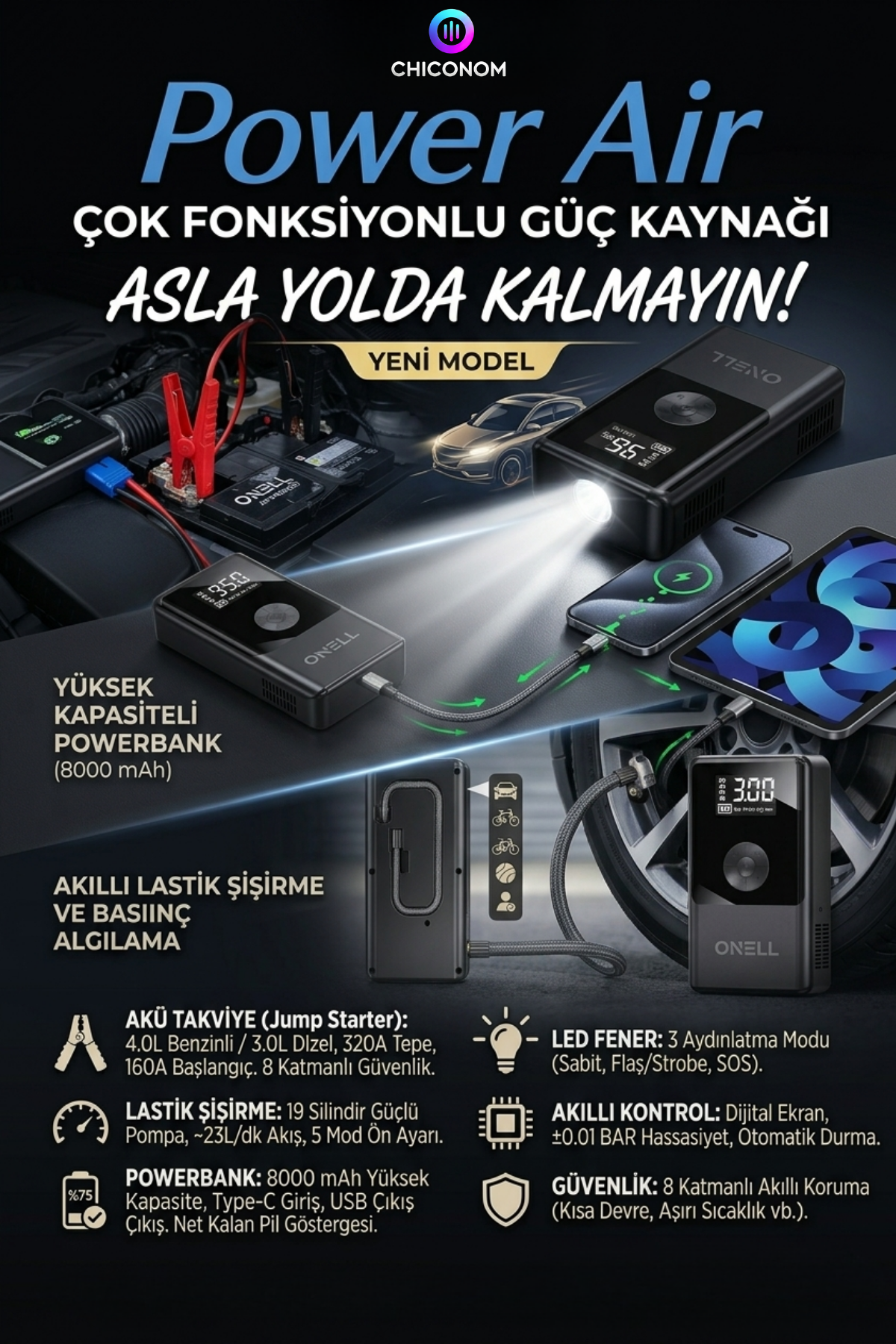 CHICONOM Onell Power Air Akü Takviye + Lastik Şişirme Kompresör + Powerbank + LED Işık