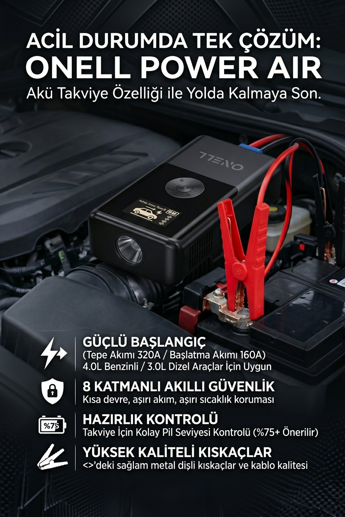 CHICONOM Onell Power Air Akü Takviye + Lastik Şişirme Kompresör + Powerbank + LED Işık