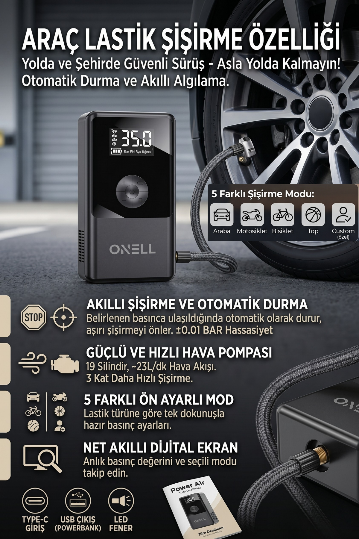 CHICONOM Onell Power Air Akü Takviye + Lastik Şişirme Kompresör + Powerbank + LED Işık