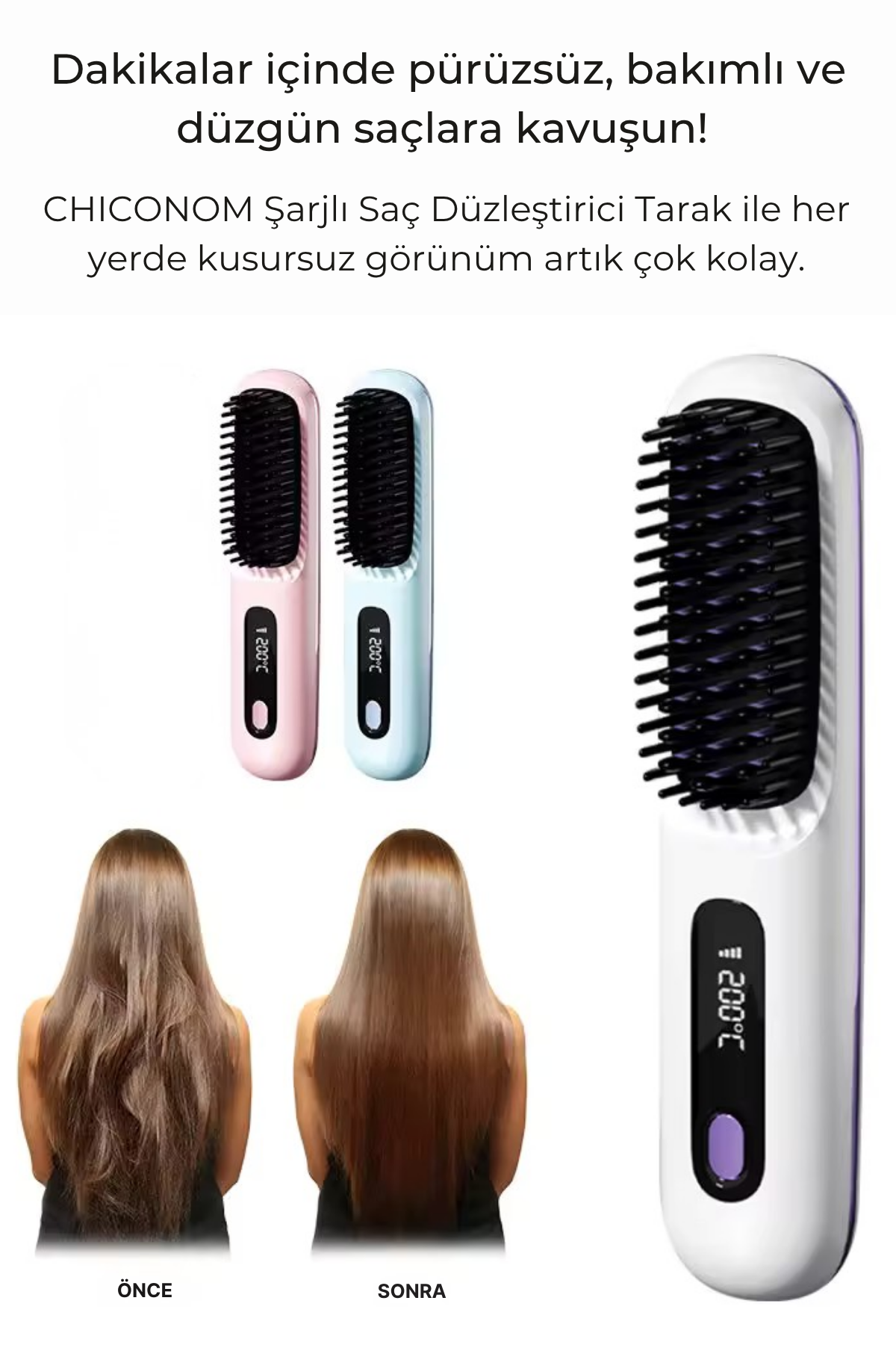 CHICONOM Onell Kablosuz Şarjlı Saç Düzleştirici Tarak LED Ekranlı Isı Ayarlı Taşınabilir Saç Tarağı