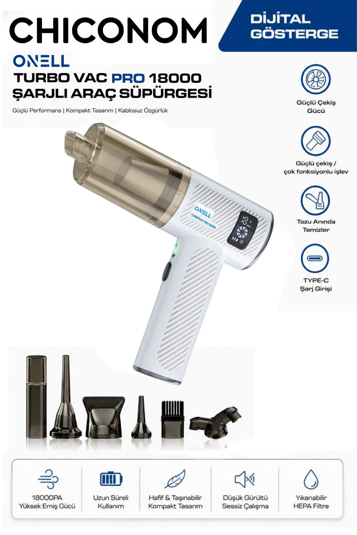 CHICONOM Onell Turbo VAC Pro 18000 Kablosuz Araç İçi Süpürge