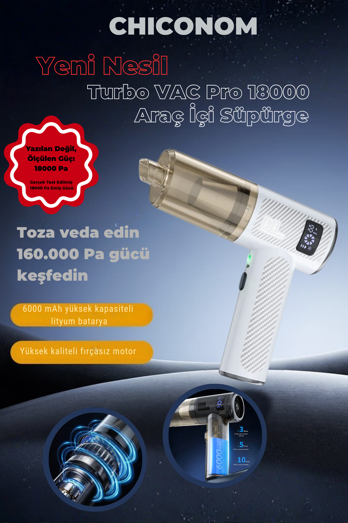 CHICONOM Onell Turbo VAC Pro 18000 Kablosuz Araç İçi Süpürge