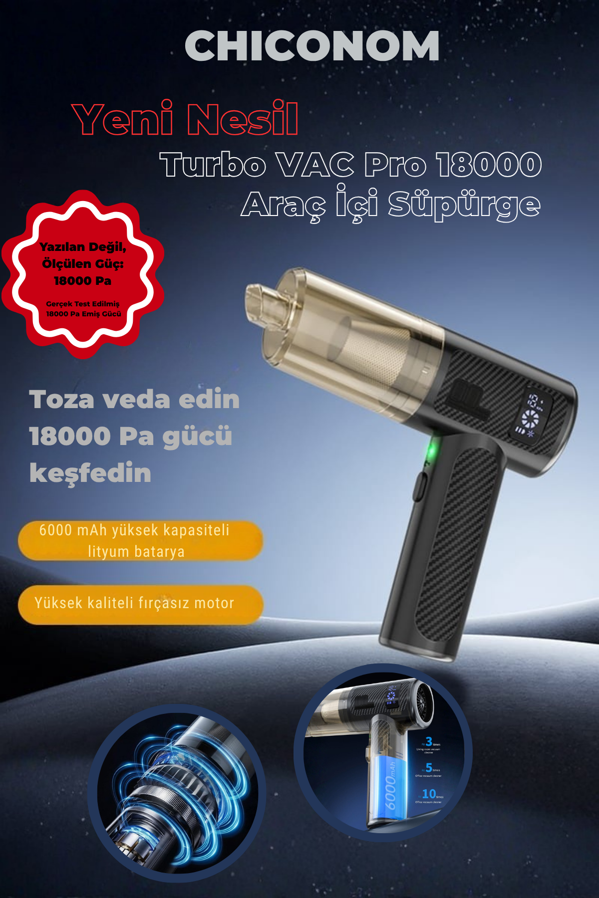 CHICONOM Onell Turbo VAC Pro 18000 Kablosuz Araç İçi Süpürge