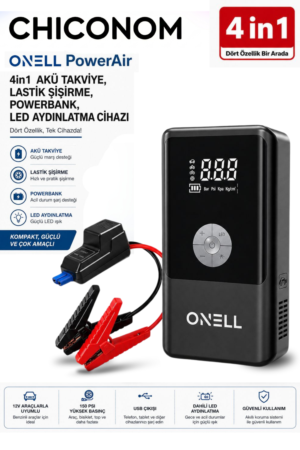CHICONOM Onell Power Air Akü Takviye + Lastik Şişirme Kompresör + Powerbank + LED Işık